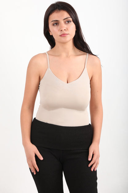 Bodyslip Kadın V Yaka Askılı Zıbın Bluz Vizon