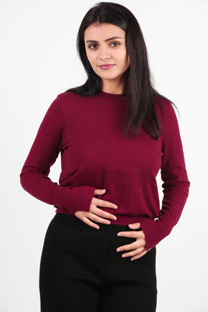 SoftCrew Kadın Bisiklet Yaka Triko Bluz Bordo