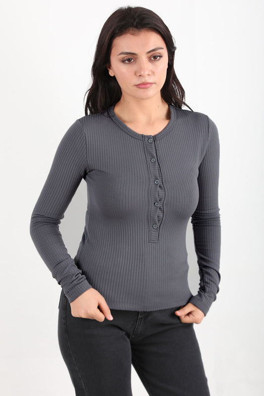 Thickrib Kadın Ön Düğmeli Kalın Fitilli Bluz Füme