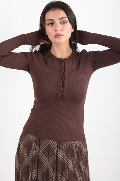 Thickrib Kadın Ön Düğmeli Kalın Fitilli Bluz Kahverengi