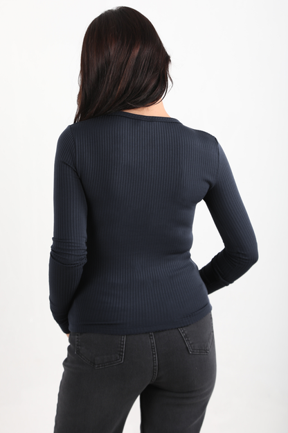 Thickrib Kadın Ön Düğmeli Kalın Fitilli Bluz Lacivert