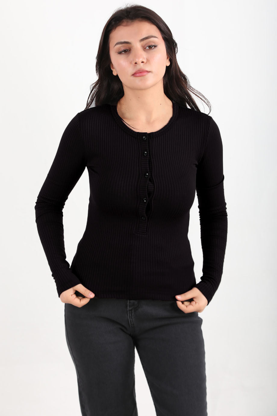 Thickrib Kadın Ön Düğmeli Kalın Fitilli Bluz Siyah