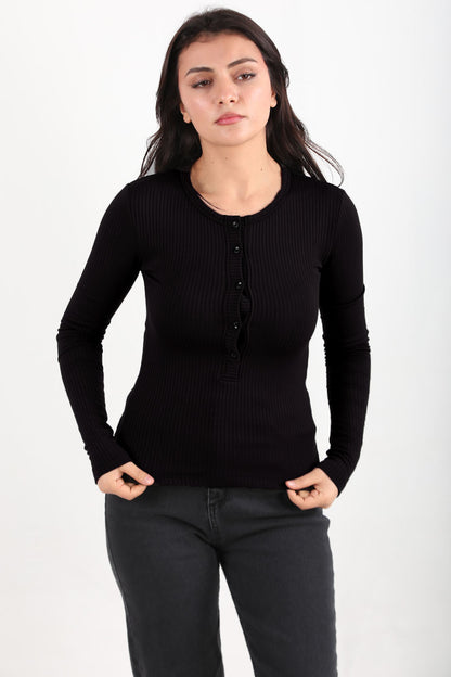 Thickrib Kadın Ön Düğmeli Kalın Fitilli Bluz Siyah