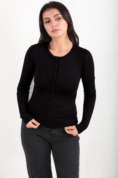 Thickrib Kadın Ön Düğmeli Kalın Fitilli Bluz Siyah