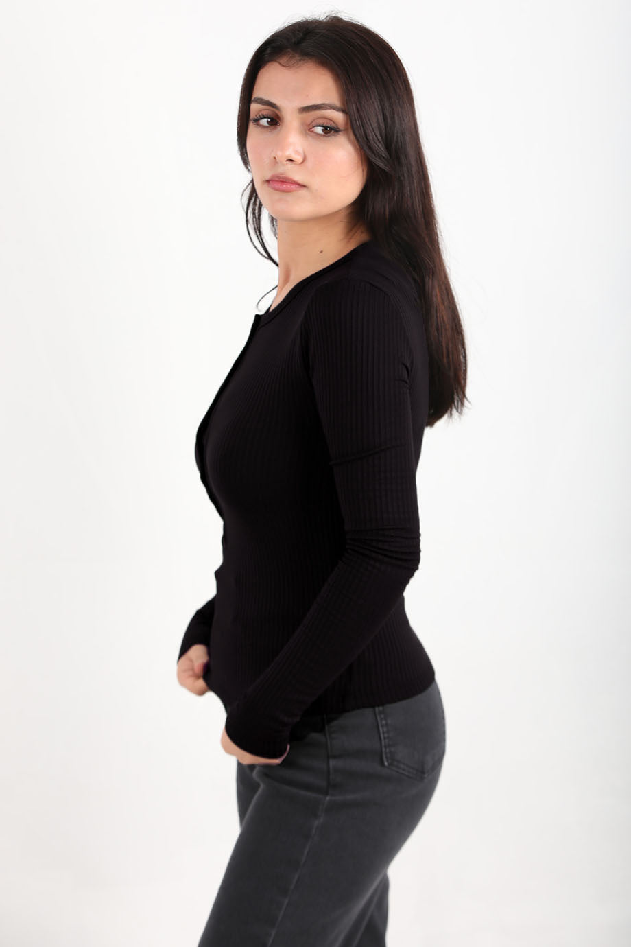 Thickrib Kadın Ön Düğmeli Kalın Fitilli Bluz Siyah