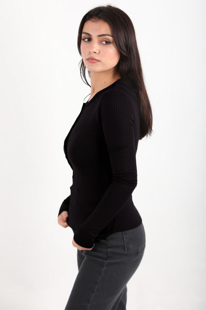 Thickrib Kadın Ön Düğmeli Kalın Fitilli Bluz Siyah