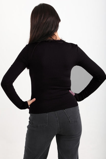 Thickrib Kadın Ön Düğmeli Kalın Fitilli Bluz Siyah