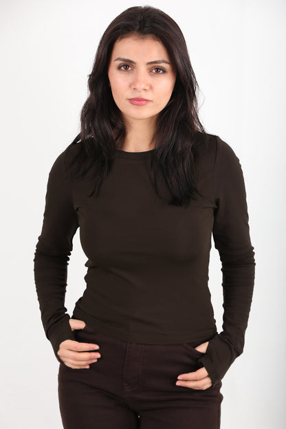 Kadın Parmak Geçmeli Bisiklet Yaka Bluz - Şık Kahverengi Bluz