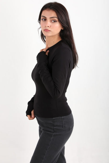 Gripelle Kadın Parmak Geçmeli Bisiklet Yaka Bluz Siyah