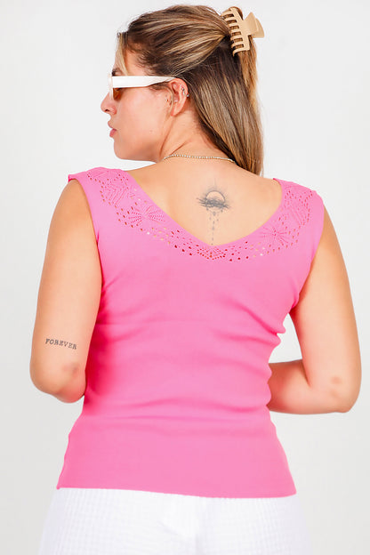 Büyük Beden Dantelli Triko Bluz Pembe