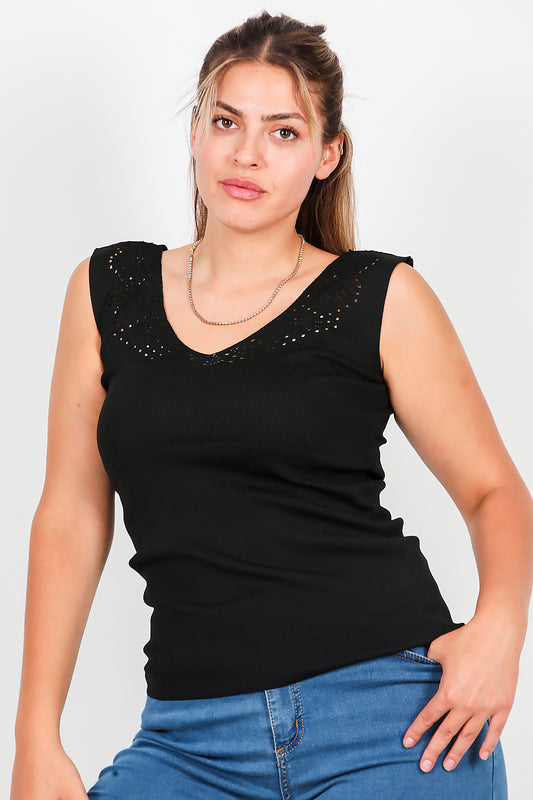 Büyük Beden Dantelli Triko Bluz Siyah