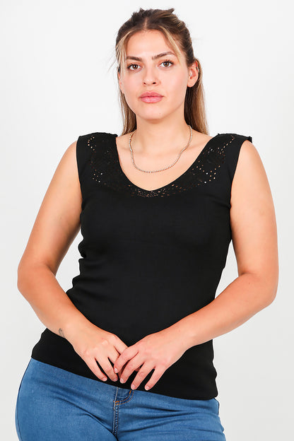 Büyük Beden Dantelli Triko Bluz Siyah