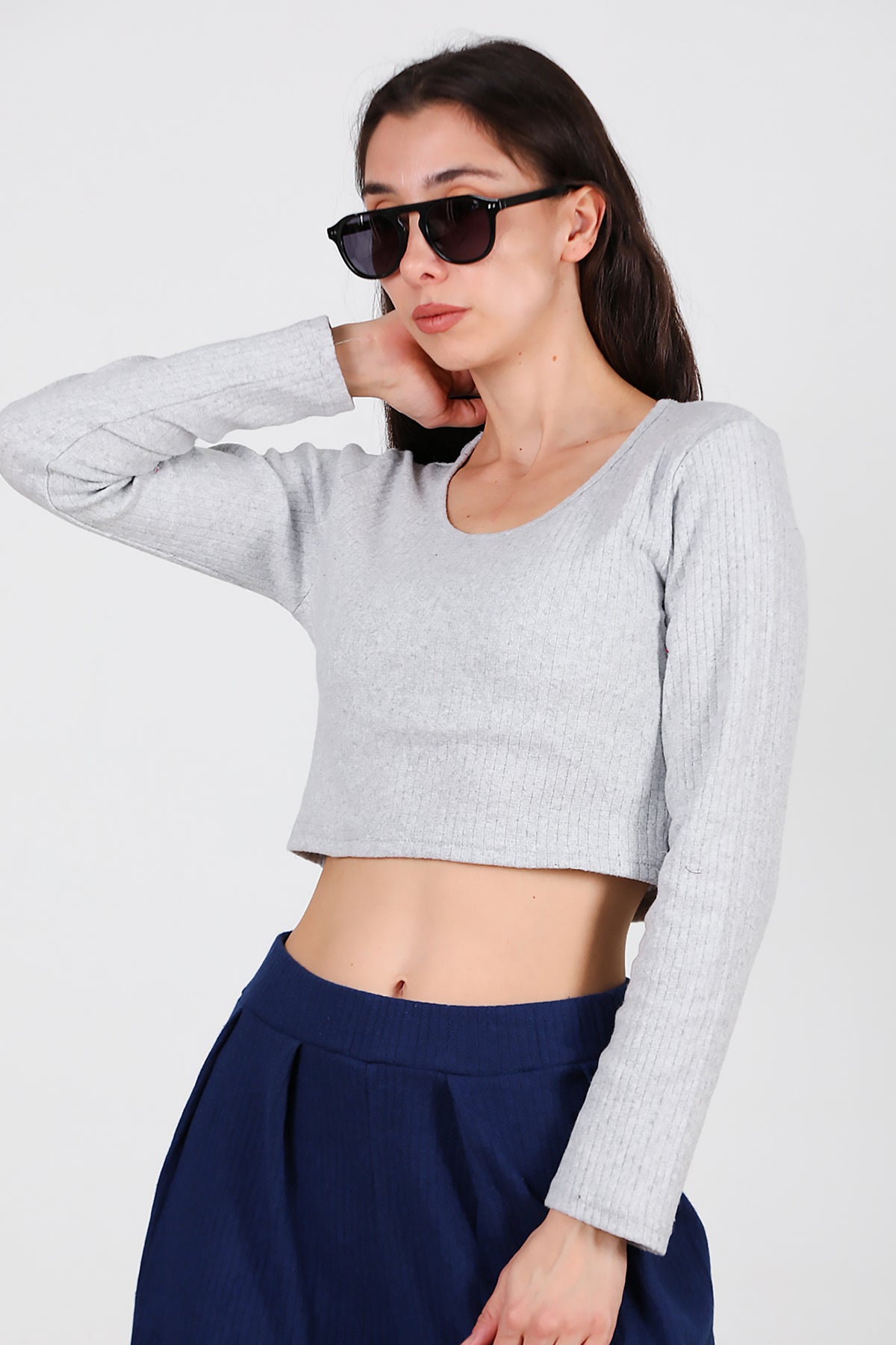 Kadın Bisiklet Yaka Selanik Bluz Gri