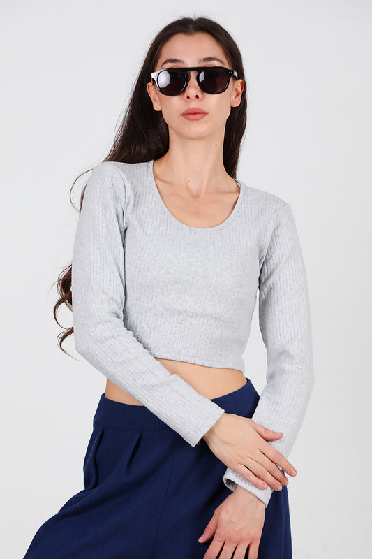 Kadın Bisiklet Yaka Selanik Bluz Gri