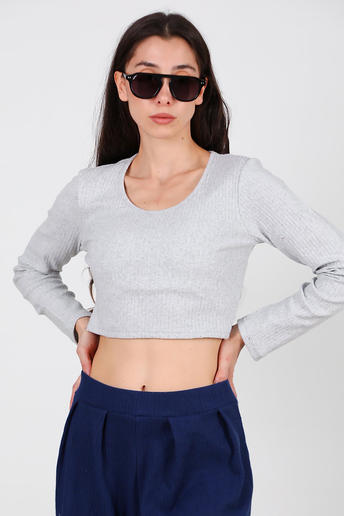 Kadın Bisiklet Yaka Selanik Bluz Gri