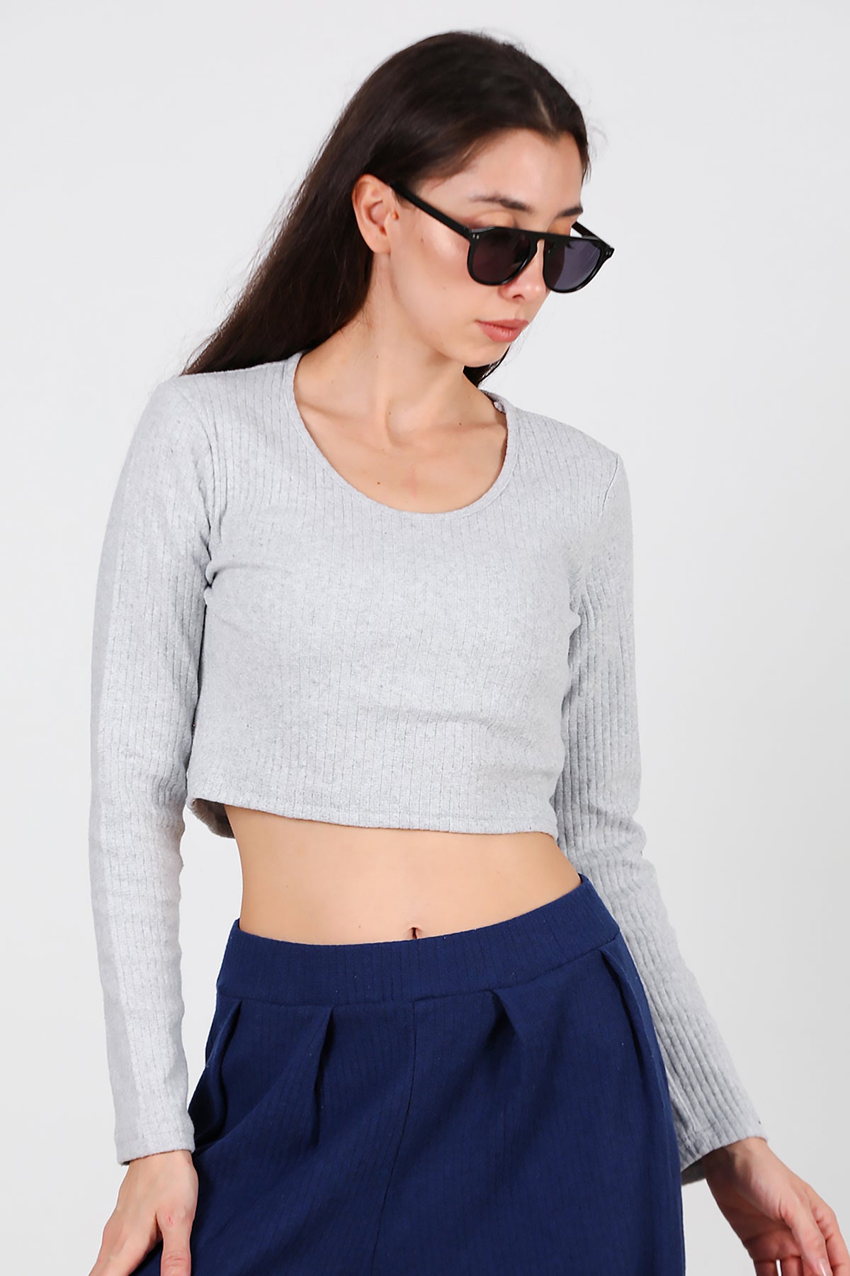 Kadın Bisiklet Yaka Selanik Bluz Gri