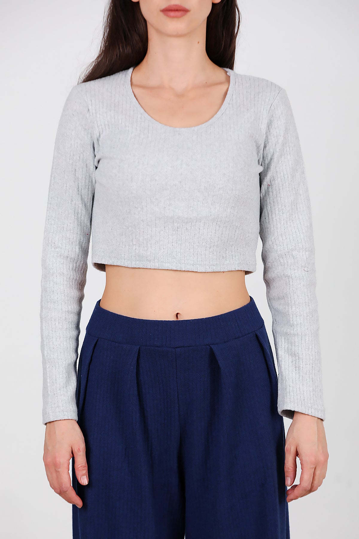 Kadın Bisiklet Yaka Selanik Bluz Gri