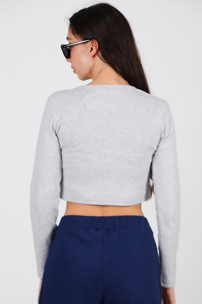 Kadın Bisiklet Yaka Selanik Bluz Gri