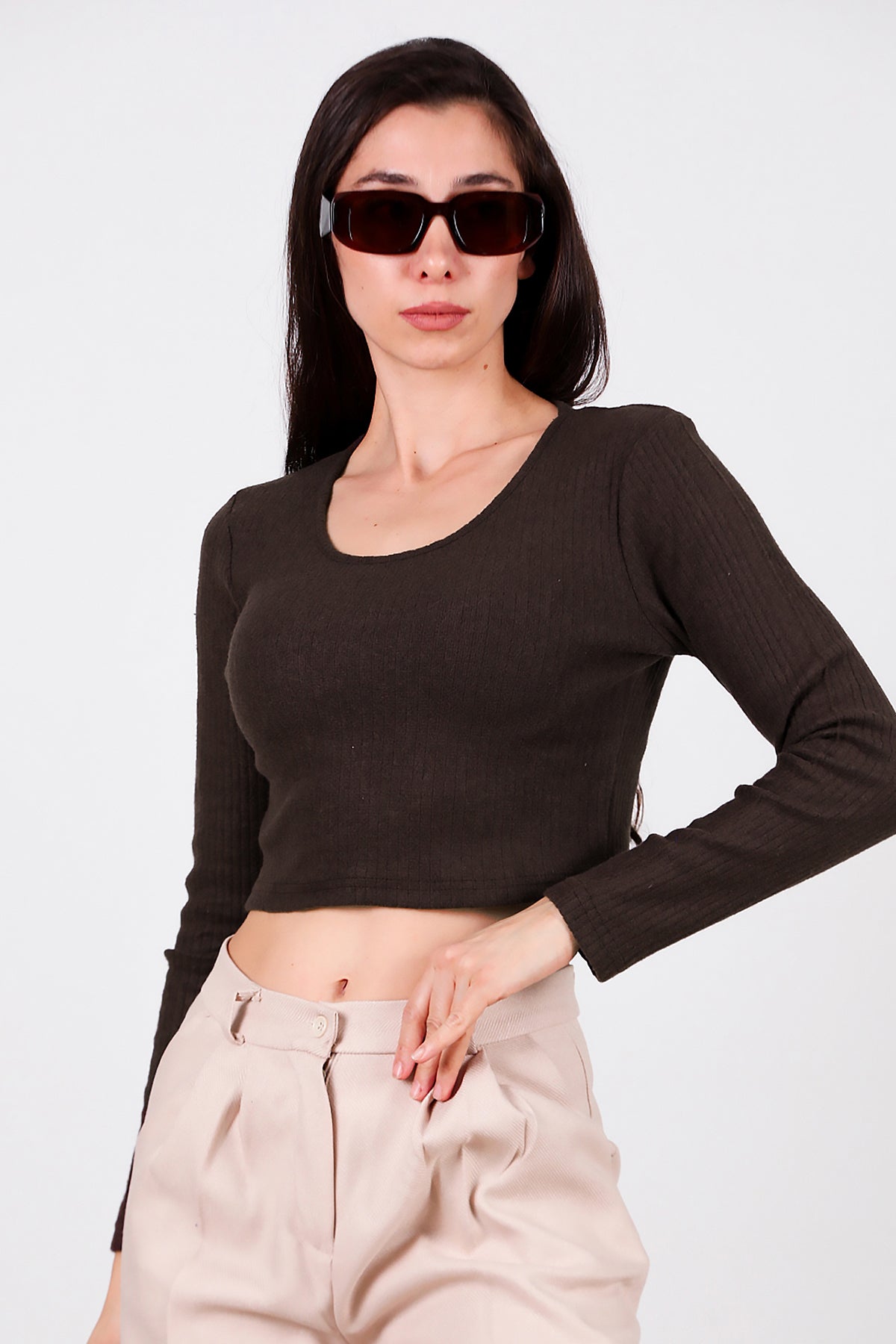 Kadın Bisiklet Yaka Selanik Bluz Kahverengi