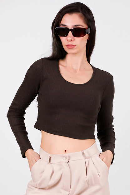 Kadın Bisiklet Yaka Selanik Bluz Kahverengi