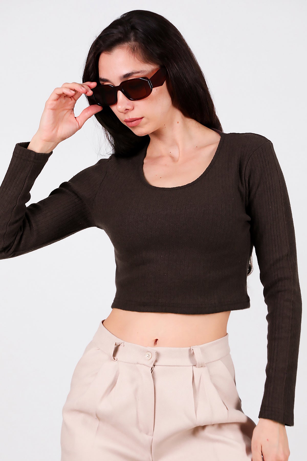 Kadın Bisiklet Yaka Selanik Bluz Kahverengi