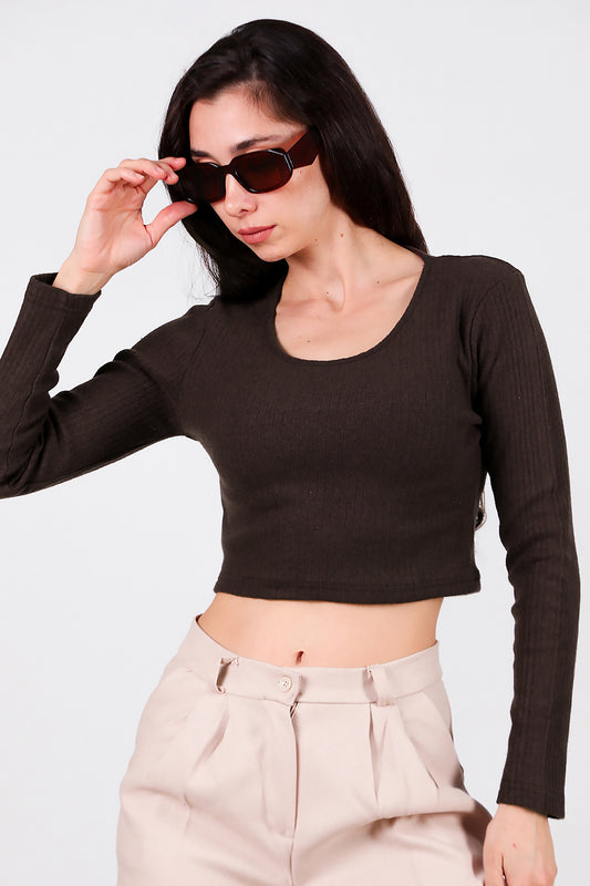 Kadın Bisiklet Yaka Selanik Bluz Kahverengi