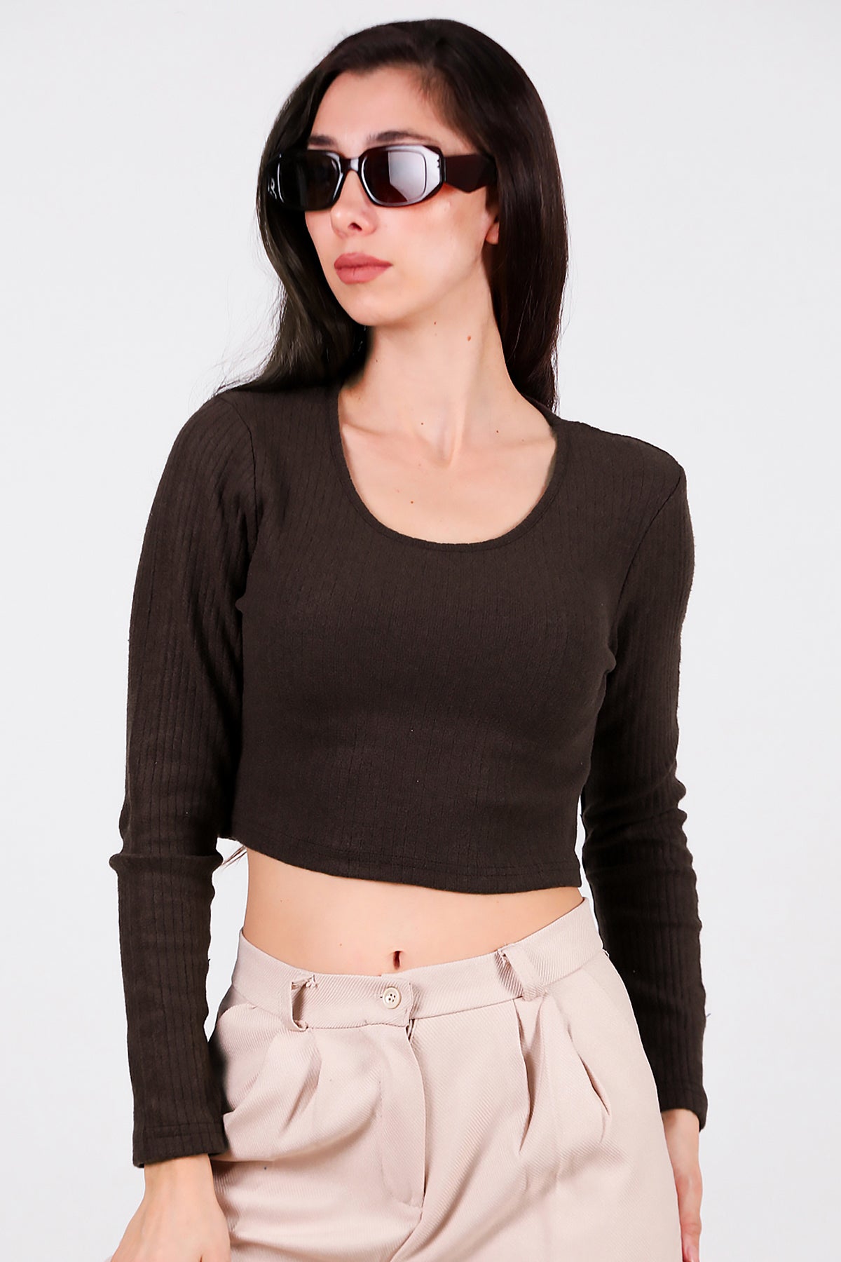 Kadın Bisiklet Yaka Selanik Bluz Kahverengi