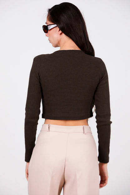 Kadın Bisiklet Yaka Selanik Bluz Kahverengi