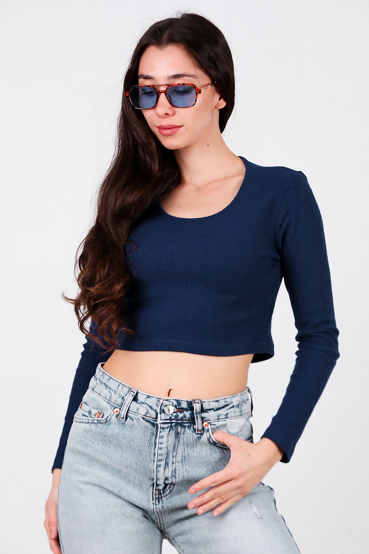 Kadın Bisiklet Yaka Selanik Bluz Lacivert