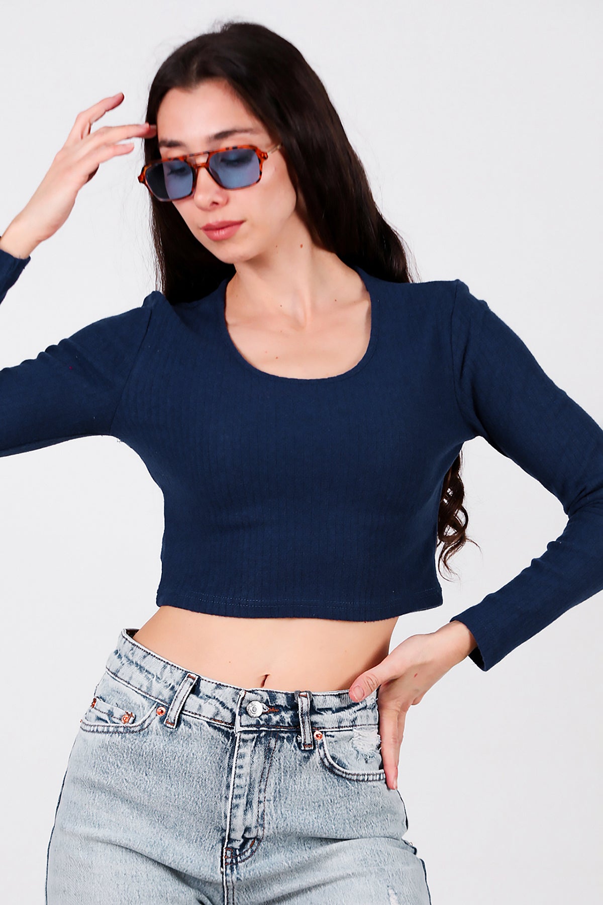 Kadın Bisiklet Yaka Selanik Bluz Lacivert