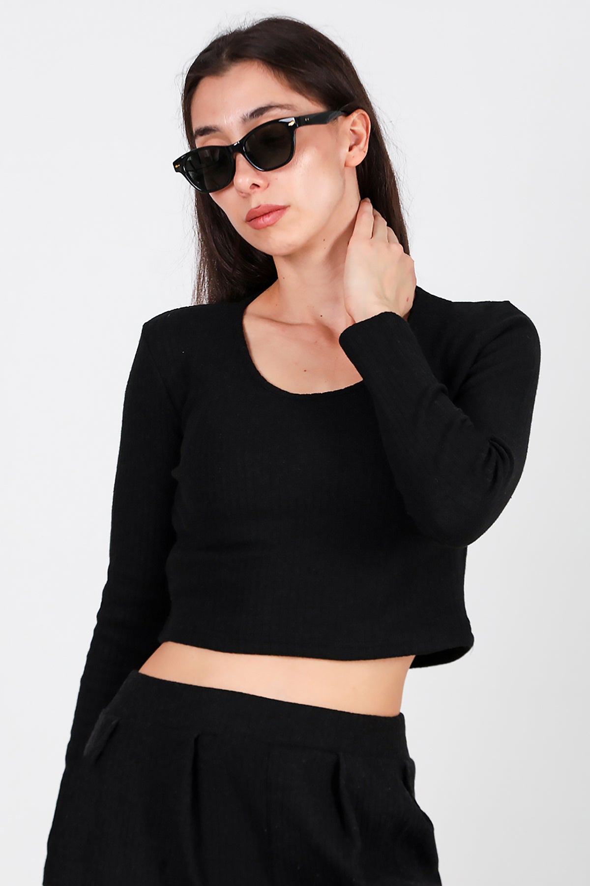 Kadın Bisiklet Yaka Selanik Bluz Siyah