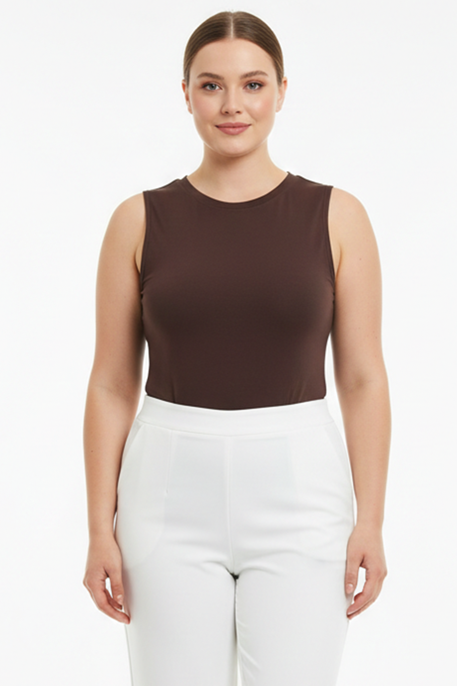 Bodyra Kadın Bisiklet Yaka Kolsuz Zıbın Bluz Kahverengi