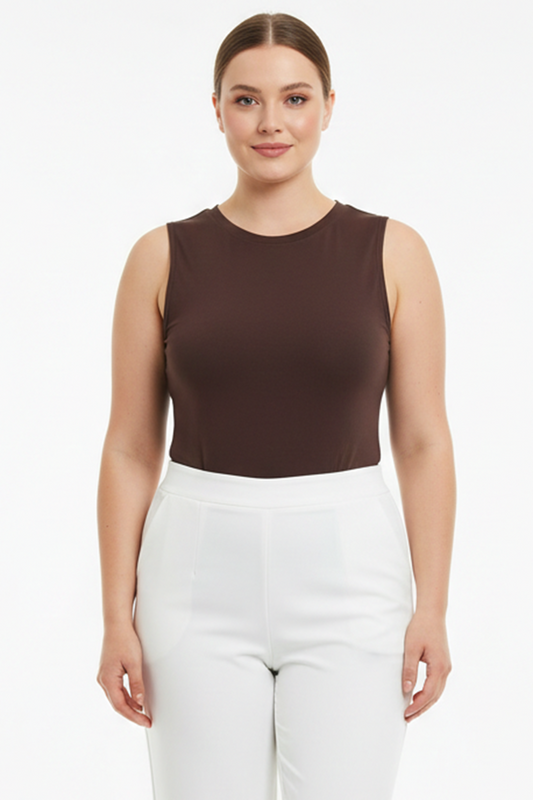 Bodyra Kadın Bisiklet Yaka Kolsuz Zıbın Bluz Kahverengi