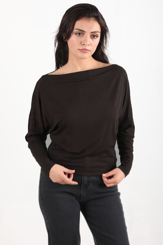 Boatneck Kadın Kayık Yaka Yarasa Kol Bluz Kahverengi