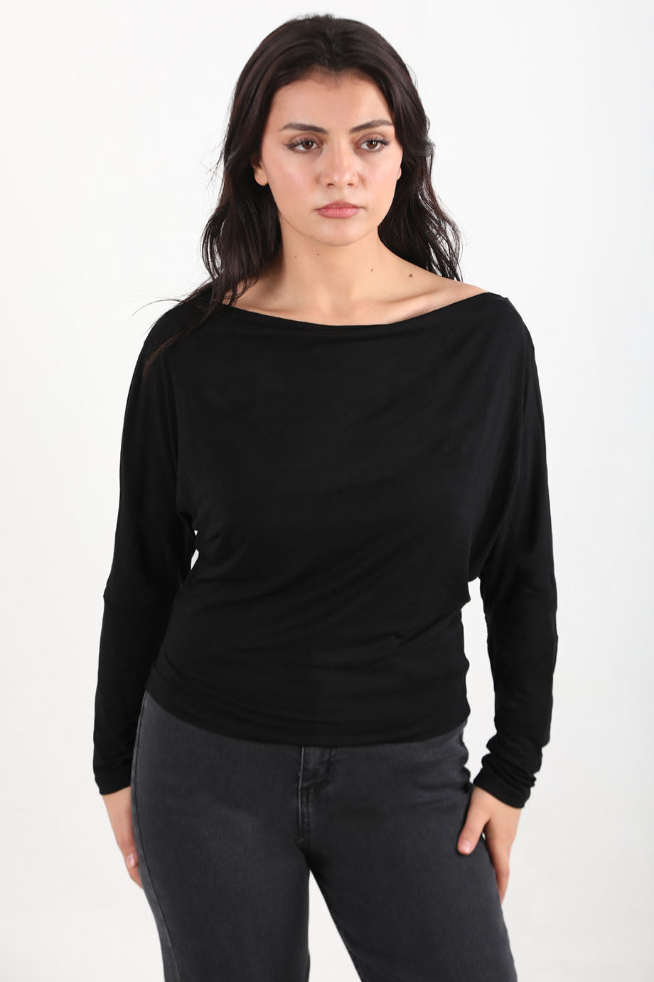 Boatneck Kadın Kayık Yaka Yarasa Kol Bluz Siyah