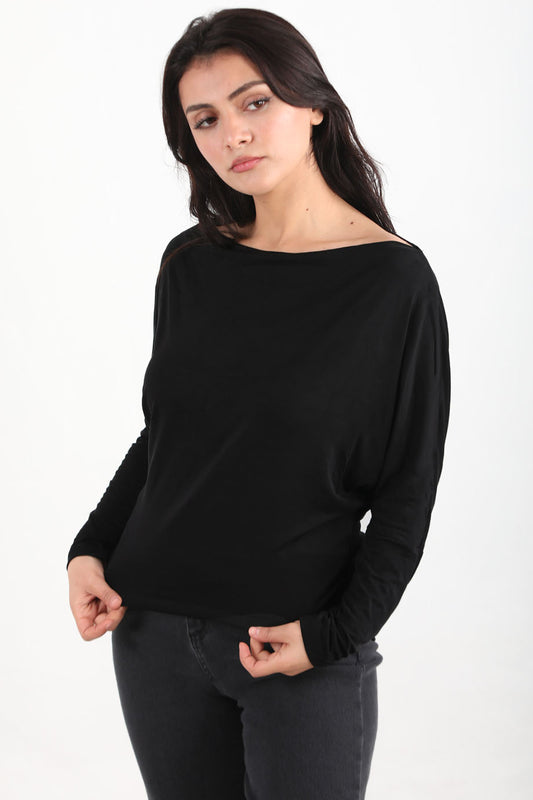 Boatneck Kadın Kayık Yaka Yarasa Kol Bluz Siyah