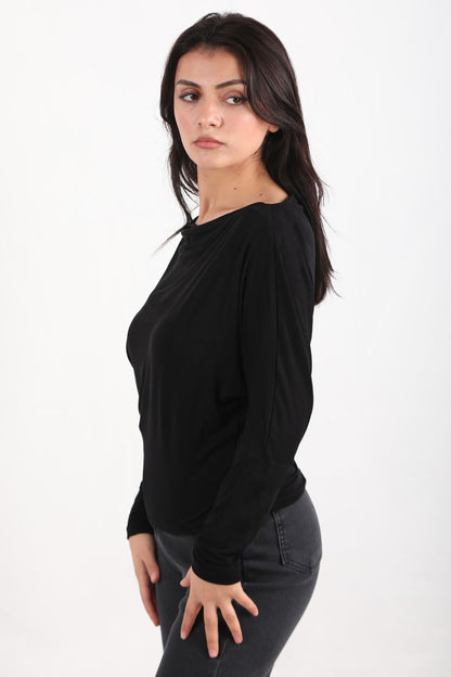 Boatneck Kadın Kayık Yaka Yarasa Kol Bluz Siyah