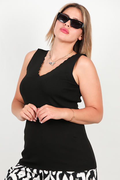 Büyük Beden Merdiven Yaka Bluz Siyah