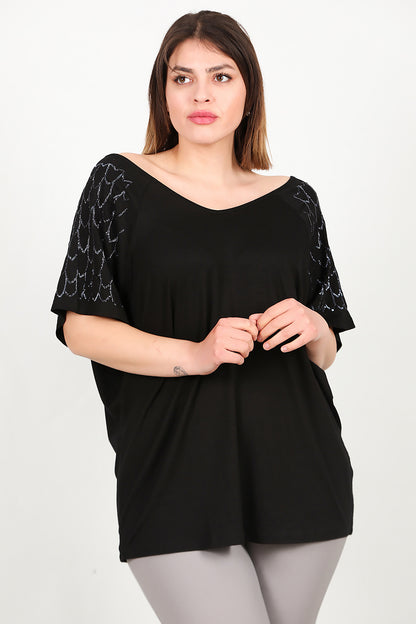 Büyük Beden Kolları Pullu Bluz Siyah