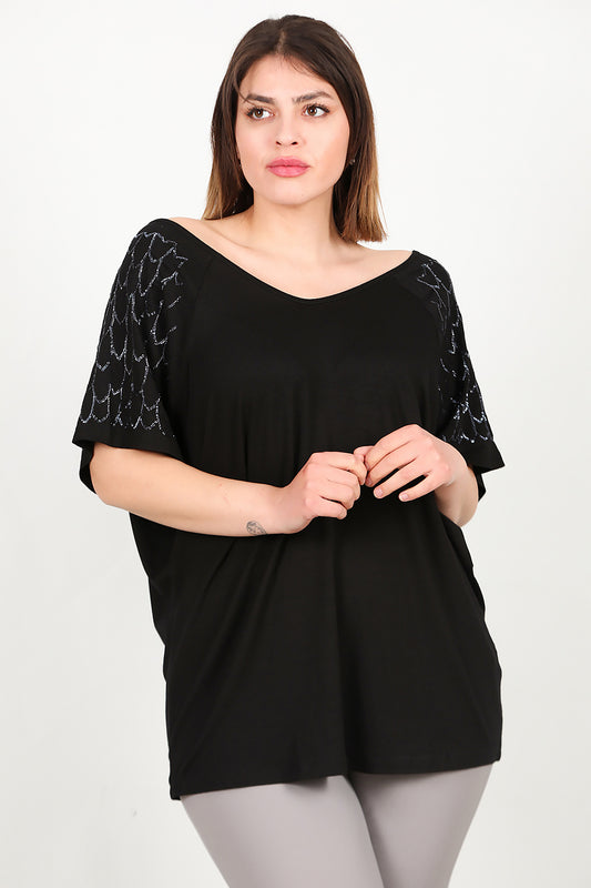 Büyük Beden Kolları Pullu Bluz Siyah