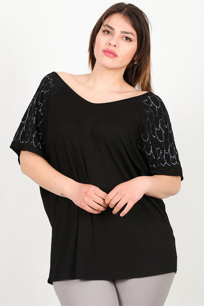 Büyük Beden Kolları Pullu Bluz Siyah
