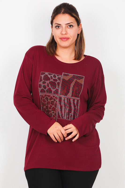Büyük Beden Leopar Taşlı Uzun Kol Bluz Bordo