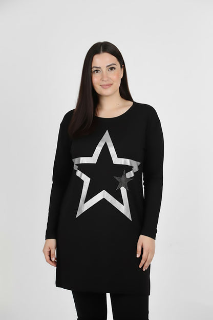 Glowia Büyük Beden Yıldız Varaklı Bluz Siyah