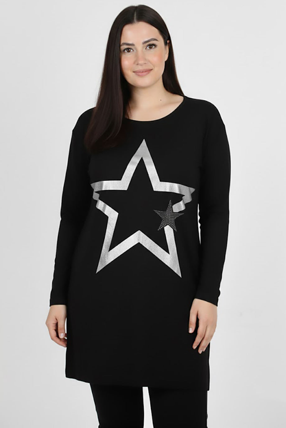 Glowia Büyük Beden Yıldız Varaklı Bluz Siyah