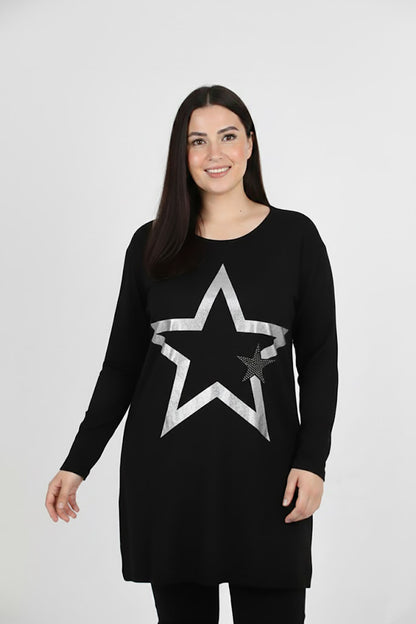 Glowia Büyük Beden Yıldız Varaklı Bluz Siyah