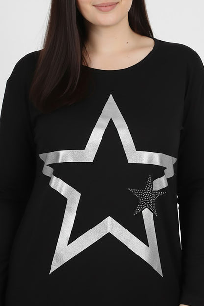 Glowia Büyük Beden Yıldız Varaklı Bluz Siyah