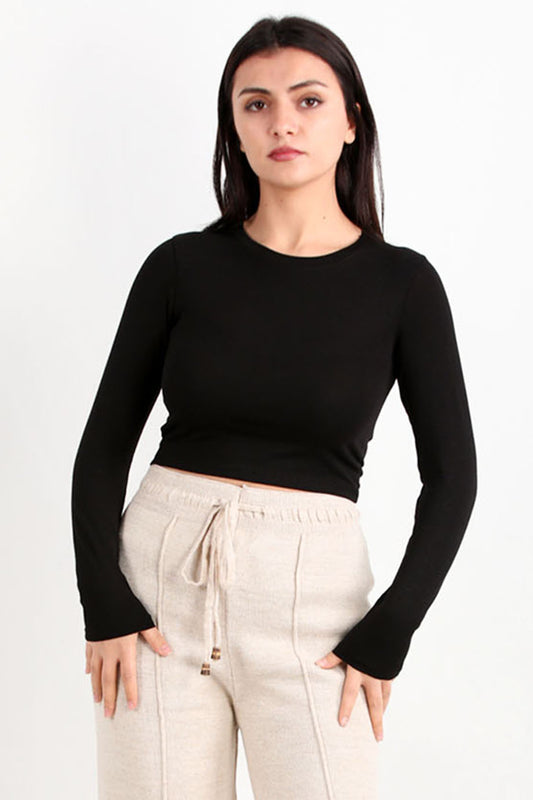 Kadın Bisiklet Yaka Uzun Kol Crop Bluz Siyah