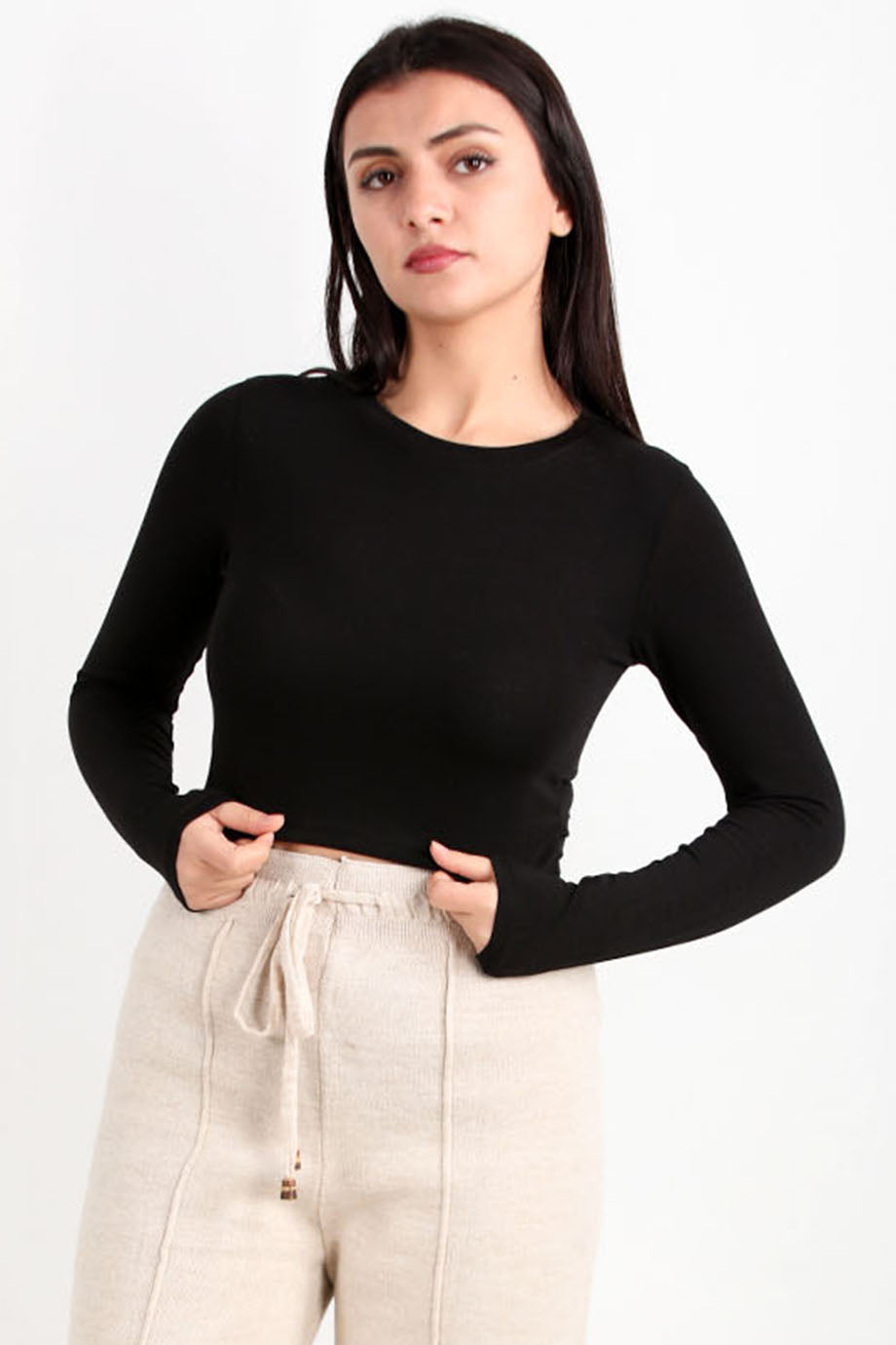 Kadın Bisiklet Yaka Uzun Kol Crop Bluz Siyah