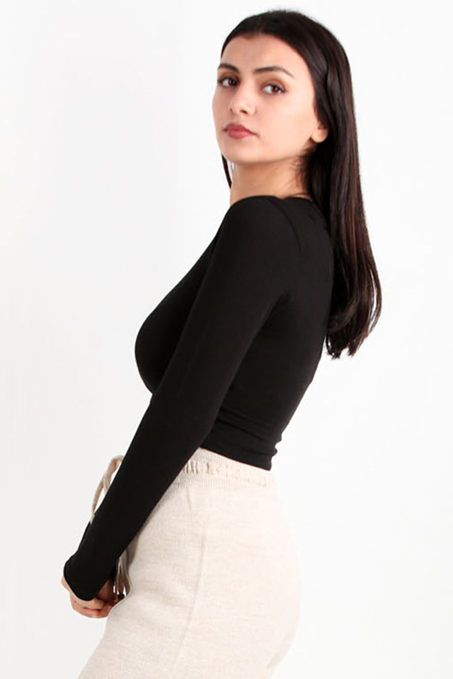 Kadın Bisiklet Yaka Uzun Kol Crop Bluz Siyah