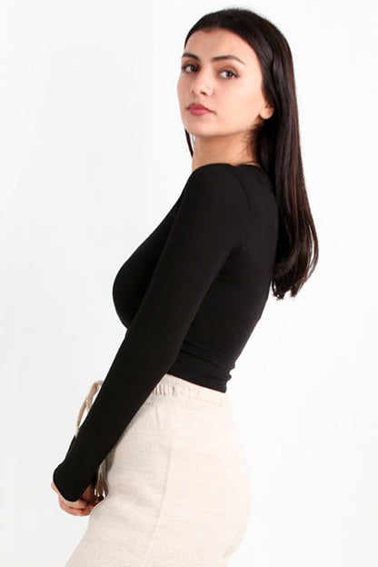 Kadın Bisiklet Yaka Uzun Kol Crop Bluz Siyah